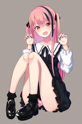  1boy absurdres black_dress black_footwear black_hair black_nails black_socks blush bulge claw_pose dress frills grey_background highres male_focus multicolored_hair nail_polish oerba_yun_fang open_mouth orange_eyes original otoko_no_ko panties pink_hair pink_panties platform_footwear simple_background sitting socks solo streaked_hair two_side_up underwear uro_(urotanc) 