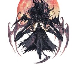  1boy 1other bloodborne eldritch_abomination gehrman_the_first_hunter highres moon_presence_(bloodborne) old old_man peg_leg scythe shimhaq tentacle tentacle_hair wings 