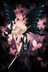  absurdres anne_(bravely_second) antenna_hair bare_shoulders black_thighhighs black_wings bravely_default_(series) bravely_second:_end_layer bug butterfly butterfly_wings closed_mouth fairy female floating_hair flying highres holding holding_sword holding_weapon insect_wings long_hair okame_nin pointy_ears purple_eyes rapier smile solo spread_wings sword thighhighs weapon white_hair wings 