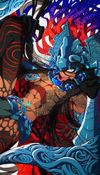  1boy abs anime_coloring black_eyes black_hair black_skin braid camazotz_(fate) colored_skin crazy_eyes dark_skin dated evil_smile fate/grand_order fate_(series) full-body_tattoo headpiece highres jewelry loincloth long_arms long_hair long_tongue male_focus multiple_braids muscular muscular_male necklace neo_kabocha piercing sharp_teeth simple_background smile solo tattoo teeth tongue tongue_piercing topless_male white_background wide-eyed 