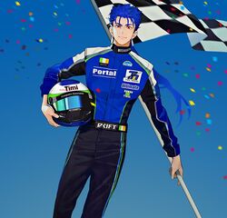  1boy alternate_costume blue_hair checkered_flag closed_mouth confetti contemporary cu_chulainn_(fate) cu_chulainn_(fate/stay_night) earrings fate/stay_night fate_(series) flag floating_hair gae_bolg_(fate) helmet holding holding_flag holding_helmet irish_flag jewelry long_hair looking_at_viewer male_focus polearm ponytail racing_suit red_eyes smile solo spear spiked_hair unworn_headwear unworn_helmet weapon yin2000 