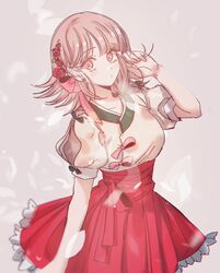  :o blush breasts brown_hair collarbone commentary_request danganronpa_(series) danganronpa_2:_goodbye_despair female flower frilled_skirt frills grey_background gwanlamcha hair_flower hair_ornament hand_up korean_commentary large_breasts looking_at_viewer medium_hair nanami_chiaki pink_eyes pleated_skirt puffy_short_sleeves puffy_sleeves red_flower red_skirt short_sleeves simple_background skirt solo 