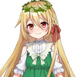  akariko bare_shoulders blonde_hair blush braid call_of_cthulhu commentary_request dress female flower green_dress hair_between_eyes hair_flower hair_ornament hair_ribbon highres long_hair looking_at_viewer original red_eyes red_ribbon ribbon short_sleeves smile solo tachi-e tearing_up transparent_background yellow_flower 