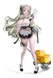  :d absurdres antenna_hair apron arm_cuffs ascot barcode black_dress blush breast_strap breasts button_gap dore_(gilles_dore) dress female full_body goddess_of_victory:_nikke green_ascot green_hair heart high_heels highres holding holding_mop huge_breasts long_hair maid_apron mary_janes mop mop_bucket official_art pink_eyes shoes short_dress simple_background skindentation smile soda_(nikke) solo thighhighs two-tone_gloves wet_floor_sign white_thighhighs 