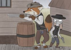  aiming anothercolouranon anthro barrels canid canine clothing disney duo female fox gun handgun hat headgear headwear judy_hopps lagomorph leporid male mammal nick_wilde rabbit ranged_weapon red_fox revolver true_fox weapon wild_west wooden_house zootopia 