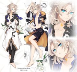  1boy albedo_(genshin_impact) albedo_(sweets_paradise)_(genshin_impact) aqua_eyes barefoot bed_sheet billie_(meng_gong_fang) black_gloves black_shorts blonde_hair dakimakura_(medium) flower full_body genshin_impact gloves hood hooded_coat lily_(flower) looking_at_viewer male_focus medium_hair multiple_views official_alternate_costume parted_lips short_sleeves shorts sweets_paradise vision_(genshin_impact) 