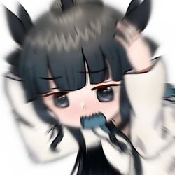  artemis_of_the_blue artist_request atelier_live blue_tongue blurry chibi colored_tongue commentary female hands_on_own_head highres meme not_like_this_(meme) open_mouth shark shark_girl sharp_teeth teeth virtual_youtuber white_background 