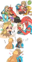  1boy 4girls beak blonde_hair blush champion&#039;s_tunic_(zelda) commentary_request cree_(zelda) dark-skinned_female dark_skin fins gerudo gerudo_set_(zelda) great_fairy_cotera harem haru_(d-s-c) head_fins heart highres kissing kissing_forehead kotts_(zelda) link mipha monster_girl multiple_girls notts_(zelda) official_alternate_costume ponytail princess_zelda riju rito sitting sitting_on_lap sitting_on_person snowquill_set_(zelda) stealth_set_(zelda) straight surprise_kiss surprised the_legend_of_zelda the_legend_of_zelda:_breath_of_the_wild translated vore zora zora_set_(zelda) 