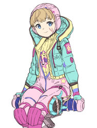  alternate_costume animification apex_legends aqua_jacket blue_eyes brown_hair commentary_request drawstring female fingerless_gloves gloves highres hood hooded_jacket houtengeki jacket kawaii_voltage_wattson looking_away open_clothes open_jacket scar scar_on_face simple_background sitting smile solo thigh_strap wattson_(apex_legends) white_background 