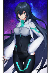  absurdres black_bodysuit bodysuit breasts clenched_hand covered_navel female green_eyes gundam gundam_build_divers gundam_build_divers_re:rise hair_between_eyes highres kurosaki_saya long_hair may_(gundam_build_divers_re:rise) medium_breasts open_hand shrug_(clothing) sleeves_past_wrists smile solo space thigh_gap variant_set very_long_hair 