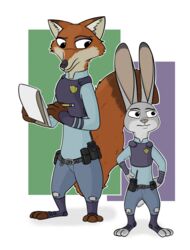  anothercolouranon anthro canid canine clothing disney duo female fox fur grey_body grey_fur hi_res judy_hopps lagomorph leporid male mammal nick_wilde notebook police police_uniform rabbit red_body red_fox red_fur rule_63 simple_background true_fox uniform zootopia 