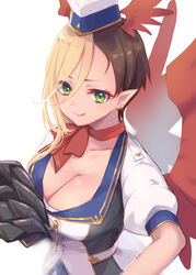  :q black_hair blonde_hair breasts cleavage closed_mouth collarbone commentary_request dragon_girl dragon_horns dragon_wings earrings female garrison_cap green_eyes gucchiann hair_between_eyes hat head_wings highres horns jewelry kaya_(princess_connect!) kaya_(time_travel)_(princess_connect!) looking_at_viewer medium_breasts mini_hat multicolored_hair pointy_ears princess_connect! puffy_short_sleeves puffy_sleeves red_horns red_wings shirt short_sleeves simple_background smile solo tongue tongue_out two-tone_hair upper_body white_background white_hat white_shirt wings 