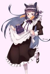  absurdres alternate_costume apron black_footwear blunt_bangs blush enmaided female gradient_hair hair_flaps halo highres hololive hololive_english kiwwwwwi leg_up long_hair looking_down maid maid_apron maid_headdress multicolored_hair ninomae_ina&#039;nis open_mouth orange_hair pointy_ears purple_eyes purple_hair sidelocks smile solo takodachi_(ninomae_ina&#039;nis) tentacle_hair very_long_hair virtual_youtuber 