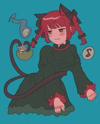  2girls :3 animal_ear_fluff animal_ears black_bow blue_background blunt_bangs blush blush_stickers bow braid cat_ears cat_tail closed_mouth cowboy_shot cropped_legs dress extra_ears eyebrows_hidden_by_hair fang_out frills green_dress grey_hair hair_ribbon hairbow highres hitodama holding holding_with_tail invisible_object jitome juliet_sleeves kaenbyou_rin korean_commentary long_hair long_sleeves looking_at_viewer mini_person minigirl mouse_ears multiple_girls multiple_tails musical_note nazrin nekomata oerba_yun_fang prehensile_tail puffy_sleeves rbfnrbf_(mandarin) red_eyes red_hair ribbon short_hair simple_background spoken_musical_note tail touhou tress_ribbon twin_braids twintails two_tails |_| 