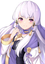  absurdres blush closed_mouth collarbone commentary dress female fire_emblem fire_emblem:_three_houses hako_momiji highres juliet_sleeves long_hair long_sleeves looking_at_viewer lysithea_von_ordelia pink_eyes puffy_sleeves purple_dress purple_ribbon ribbon sidelocks simple_background smile solo tassel upper_body veil very_long_hair white_background white_hair white_sleeves wide_sleeves 