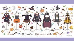  animal animal_hands asashio_(kancolle) asashio_kai_ni_(kancolle) basket black_vest bow candy cape capelet cat_tail clothes_writing cookie copyright_name demon_tail dress feline food ghost gloves grecale_(kancolle) halloween halloween_costume hat jack-o&#039;-lantern kamoku_nagi kantai_collection libeccio_(kancolle) lollipop mannequin mizuho_(kancolle) no_humans nowaki_(kancolle) paw_gloves pinafore_dress pitchfork pleated_skirt pumpkin roma_(kancolle) sailor_collar school_uniform serafuku shirt simple_background skirt sleeveless sleeveless_dress star_(symbol) tail twitter_username two-tone_background vest wand witch_hat yuudachi_(kancolle) 