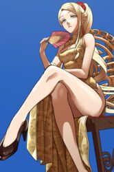  blonde_hair blue_background blue_eyes breasts brown_footwear chair character_request china_dress chinese_clothes cleavage cleavage_cutout closed_mouth clothing_cutout crossed_legs dress earrings female folding_fan hand_fan hand_up high_heels highres holding holding_fan hoshino_me_wo_tsubutte. jewelry long_dress looking_at_viewer medium_breasts nagashii_kouhei no_panties ponytail shoes side_slit simple_background sitting solo tassel tassel_earrings yellow_dress 