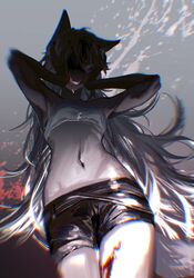  animal_ears arknights armpits black_shorts blood blood_on_face blood_on_hands blood_on_leg blood_splatter blurry cowboy_shot crop_top depth_of_field facing_down facing_viewer female from_below gradient_background grey_background grey_hair grin groin hands_on_own_cheeks hands_on_own_face hands_up highres lappland_(arknights) long_hair midriff moruki shaded_face shorts sleeveless smile solo splatter tail tears toned very_long_hair wolf_ears wolf_girl wolf_tail 