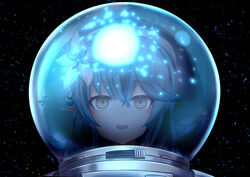  blue_hair blush elf female flower hair_flower hair_ornament hololive long_hair nawate_(dij) outer_wilds pointy_ears reflection smile solo space spacesuit supernova_(star) upper_body virtual_youtuber yellow_eyes yukihana_lamy 