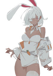  absurdres animal_ears bad_id bad_pixiv_id bare_shoulders between_breasts braid breasts cleavage closed_mouth dark-skinned_female dark_skin detached_sleeves eyepatch female highres huang_(volt0526) looking_at_viewer medium_breasts necktie necktie_between_breasts original rabbit_ears red_eyes short_hair short_necktie simple_background single_braid smile solo thighhighs thighs white_background white_hair white_necktie white_thighhighs 