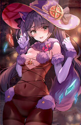  absurdres animal_ears aqua_eyes bad_id bad_twitter_id blush bodystocking breasts chromatic_aberration cosplay covered_navel elbow_gloves fate/grand_order fate_(series) female fur_trim genshin_impact gloves halloween_costume hands_up harusame_(user_wawj5773) hat highres long_hair looking_at_viewer mash_kyrielight mash_kyrielight_(dangerous_beast) mash_kyrielight_(dangerous_beast)_(cosplay) medium_breasts mona_(genshin_impact) panties purple_hair purple_tail revealing_clothes see-through solo tearing_up twintails underwear witch_hat wolf_ears 