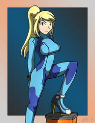  blonde_hair blue_eyes bodysuit female high_heels kiroxiii looking_at_viewer metroid nintendo ponytail samus_aran sidelocks watermark zero_suit zero_suit_samus 