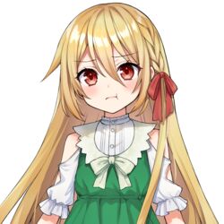  akariko bare_shoulders blonde_hair braid call_of_cthulhu commentary_request dress female frown green_dress hair_between_eyes hair_ribbon highres long_hair looking_at_viewer pout red_eyes red_ribbon ribbon short_sleeves solo tachi-e transparent_background 