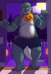  absurd_res anthro background_character basket belly big_belly bottomwear building cellphone claws clothing container costume crocodilian denim denim_bottomwear denim_clothing detailed_background digital_media_(artwork) digital_painting_(artwork) door electronics fangs frankenstein full_moon group halloween halloween_costume hi_res holding_object holidays house jack-o&#039;-lantern jeans looking_at_viewer male moon mothyking musclegut muscular muscular_male night pants phone reptile scales scalie smile tattoo teeth torfi torn_bottomwear torn_clothing torn_jeans torn_pants trick_or_treat 