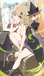  2girls absurdres ahoge black_cape black_headwear blonde_hair blurry blurry_background book boots breasts brown_footwear cape cloba grey_skirt hair_ornament hat highres legs long_hair looking_at_viewer medium_breasts mi-a_(tower_of_fantasy) multiple_girls one_eye_closed orange_eyes pasties shirli_(tower_of_fantasy) sitting skirt thighs tower_of_fantasy unworn_boots unworn_hat unworn_headwear v very_long_hair witch_hat 