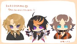  3boys :3 black_hair black_shirt black_wings brown_hair chibi closed_mouth collared_shirt commentary_request cropped_torso dress_shirt highres kiduta_cielo luca_kaneshiro male_focus mini_wings multicolored_hair multiple_boys mysta_rias mysta_rias_(1st_costume) nijisanji nijisanji_en one_side_up orange_shirt parted_bangs shirt shu_yamino shu_yamino_(1st_costume) smile streaked_hair translated upper_body v-shaped_eyebrows virtual_youtuber white_background wings 