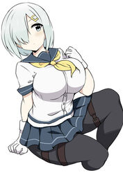  black_pantyhose blue_eyes breasts commentary_request cowboy_shot cropped_legs female gloves grey_hair hair_ornament hair_over_one_eye hairclip hamakaze_(kancolle) invisible_chair kantai_collection large_breasts looking_to_the_side neckerchief pantyhose pleated_skirt school_uniform serafuku short_hair short_sleeves simple_background sitting skirt solo wedge_(tyrl_stride) white_background white_gloves yellow_neckerchief 