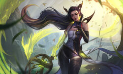  absurdres alternate_costume bare_shoulders bridal_gauntlets closed_eyes commentary facing_viewer female glowing glowing_hair highres janna_(league_of_legends) league_of_legends long_hair looking_down pointy_ears solo thigh_gap thighs vincent_t_(oriaarts) 