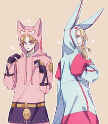  bad_id bad_pixiv_id blonde_hair blue_eyes cosplay curly_hair diamond_wa_kudakenai dirty_deeds_done_dirt_cheap dirty_deeds_done_dirt_cheap_(cosplay) dress_shirt funny_valentine jojo_no_kimyou_na_bouken kigurumi killer_queen killer_queen_(cosplay) kira_yoshikage long_hair male_focus pajamas paw_pose purple_eyes sempon_(doppio_note) shirt steel_ball_run sweatdrop 