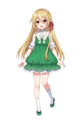  absurdres akariko blonde_hair braid call_of_cthulhu commentary_request dress female frills green_dress green_footwear hair_ribbon highres kneehighs long_hair looking_at_viewer original red_eyes red_ribbon ribbon shoes short_sleeves smile socks solo standing tachi-e transparent_background white_socks 