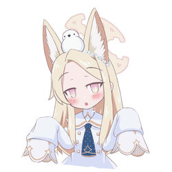  animal_ear_fluff animal_ears animal_on_head bad_id bad_twitter_id bird bird_on_head blonde_hair blue_archive blue_necktie blush chestnut_mouth chibi cross_halo dress female flower forehead fox_ears hair_flower hair_ornament halo highres long_hair necktie on_head polka_dot sailor_collar seia_(blue_archive) short_necktie simple_background sleeves_past_fingers sleeves_past_wrists solo tomonx upper_body white_background white_bird white_dress white_sailor_collar yellow_eyes yellow_halo 