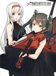  2girls black_dress breasts dress evening_gown grey_hair hair_ribbon headband holding holding_instrument instrument kantai_collection konishi_(koconatu) long_hair multiple_girls official_art piano red_headband ribbon scan shoukaku_(kancolle) shoukaku_kai_ni_(kancolle) third-party_source twintails viola_(instrument) white_background zuikaku_(kancolle) 