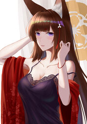  absurdres amagi_(azur_lane) animal_ears azur_lane bare_shoulders black_nightgown blush breasts brown_hair cleavage female flag fox_ears fox_girl frozen-sad hair_ribbon highres large_breasts long_hair looking_at_viewer nightgown purple_eyes red_ribbon red_shawl ribbon sakura_empire_(emblem) shawl solo strap_slip 