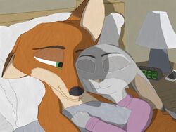  4:3 anothercolouranon anthro bed bedding blanket canid canine cellphone cuddling disney duo electronics female fox furniture hi_res hug judy_hopps lagomorph leporid male mammal nick_wilde phone pillow rabbit red_fox sleeping true_fox zootopia 