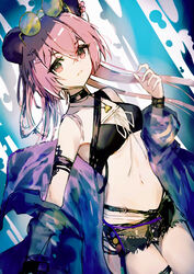  animal_ears arknights bikini black_bikini black_choker black_wristband choker cowboy_shot dutch_angle eyewear_on_head female hair_between_eyes hair_ornament hairclip hand_up highres jacket jewelry k_futoshi_0n0 lin_(arknights) looking_at_viewer mouse_ears necklace off_shoulder official_alternate_costume open_clothes open_jacket parted_lips pink_eyes pink_hair purple_jacket shorts solo star_(symbol) sunglasses swimsuit thigh_strap 