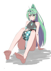  arm_support ball barefoot beachball between_legs blush breasts chest_jewel closed_mouth commentary_request competition_swimsuit eyelashes feet female foreshortening full_body green_eyes green_hair hairband headpiece high_ponytail kageyasu knees_up large_breasts legs long_legs looking_at_viewer official_alternate_costume one-piece_swimsuit pneuma_(xenoblade) ponytail shadow sidelocks simple_background sitting soles solo swept_bangs swimsuit thighs tiara toes white_background xenoblade_chronicles_(series) xenoblade_chronicles_2 