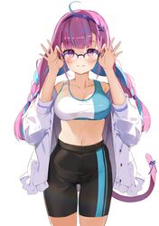  ahoge alternate_costume anchor_hair_ornament bike_shorts blue_hair braid breasts cat_tail cleavage collarbone commentary exercising female glasses hair_ornament high-waist_shorts highres hololive jacket long_hair medium_breasts minato_aqua multicolored_hair navel open_clothes open_jacket pink_hair pink_tail purple_eyes shorts sidelocks solo sports_bra symbol-only_commentary tail taut_clothes taut_shorts togo_(korlsj1235) twintails two-tone_hair two-tone_sports_bra virtual_youtuber white_background white_jacket 