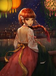  blunt_bangs blurry blurry_background bow braid brown_eyes brown_hair commentary_request female floral_print flower from_behind hair_flower hair_ornament hair_ribbon hanbok highres holding kama_(kama_ovo) korean_clothes korean_commentary lamp lantern long_hair long_sleeves looking_at_viewer looking_back night night_sky original outdoors parted_lips pink_ribbon red_ribbon ribbon sky solo star_(sky) starry_sky teeth water yellow_bow 