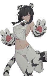  absurdres animal_ears bare_shoulders bell black_hair blunt_bangs braid breasts female highres huang_(volt0526) looking_at_viewer midriff navel original pink_eyes sideboob simple_background solo tail tiger_ears tiger_tail twin_braids white_background 