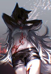  animal_ears arknights armpits black_shorts blood blood_on_chest blood_on_clothes blood_on_face blood_on_hands blood_on_leg blood_splatter blurry cowboy_shot crop_top depth_of_field facing_down facing_viewer female from_below gradient_background grey_background grey_hair grin groin hands_on_own_cheeks hands_on_own_face hands_up highres lappland_(arknights) long_hair midriff moruki shaded_face shorts sleeveless smile solo splatter tail tears toned very_long_hair wolf_ears wolf_girl wolf_tail 