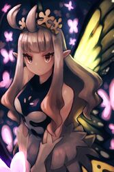  anne_(bravely_second) antenna_hair bare_shoulders bravely_default_(series) bravely_second:_end_layer brown_eyes butterfly_wings closed_mouth cowboy_shot crown female gloves grey_hair highres insect_wings jitome long_hair looking_at_viewer okame_nin pointy_ears solo white_gloves wings 