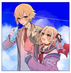  1boy :d arm_up bat_wings black_sailor_collar blazer blonde_hair blue_nails blue_sky blush bottle brown_hair brown_jacket choker cloud cloudy_sky collared_shirt commentary_request day female hair_between_eyes holding holding_bottle jacket long_hair long_sleeves makaino_ririmu makaino_ririmu_(4th_costume) multicolored_hair nail_polish neckerchief necktie nijisanji oerba_yun_fang off_shoulder open_clothes open_jacket open_mouth outdoors parted_lips pink_hair pink_jacket pointy_ears ramune red_choker red_eyes red_neckerchief red_necktie red_wings sailor_collar school_uniform serafuku shikino_yuki shirt sky sleeves_past_wrists smile streaked_hair sweater_vest two_side_up upper_body uzuki_kou uzuki_kou_(3rd_costume) virtual_youtuber white_shirt wings 