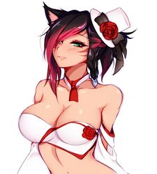  absurdres animal_ears bandeau bare_shoulders black_hair blush breasts cat_ears choker cleavage facial_mark female final_fantasy final_fantasy_xiv foxykuro green_eyes hair_over_one_eye hat highres large_breasts looking_at_viewer marie_makise mini_hat mini_top_hat miqo&#039;te multicolored_hair short_hair slit_pupils smile solo strapless top_hat two-tone_hair upper_body warrior_of_light_(ff14) whisker_markings white_background 