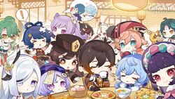  &gt;_&lt; 5boys 6+girls :3 adeptus&#039;_temptation_(genshin_impact) antlers baizhu_(genshin_impact) black_hair blue_hair bowl braid braided_hair_rings brown_hair chair changsheng_(genshin_impact) chibi chongyun_(genshin_impact) closed_eyes coat coin_hair_ornament cup dark-skinned_female dark_skin double_bun earrings english_commentary facial_mark fish food forehead_mark ganyu_(genshin_impact) genshin_impact glasses golden_shrimp_balls_(genshin_impact) gradient_hair green_hair grey_hair guoba_(genshin_impact) hair_between_eyes hair_bun hair_ornament hair_rings hairclip hat highres holding holding_cup horns hu_tao_(genshin_impact) jewelry keqing_(genshin_impact) light_blue_hair long_hair long_sleeves multicolored_hair multiple_boys multiple_girls ningguang_(genshin_impact) official_art ofuda open_mouth parted_lips pink_hair ponytail purple_hair qingdai_guanmao qiqi_(genshin_impact) second-party_source shenhe_(genshin_impact) single_earring sitting sleeping sleeping_upright smile snake squirrel_fish_(genshin_impact) table twintails xiangling_(genshin_impact) xiao_(genshin_impact) xingqiu_(genshin_impact) xinyan_(genshin_impact) yanfei_(genshin_impact) yun_jin_(genshin_impact) zhongli_(genshin_impact) zzz 