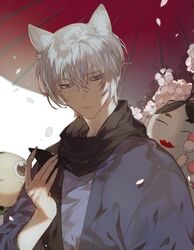  3boys animal_ears black_scarf blue_kimono cherry_blossoms closed_mouth commentary_request cup food fox_ears frown grey_eyes haori holding holding_cup holding_food japanese_clothes kamisama_hajimemashita kimono korean_commentary kotetsu_(kamisama_hajimemashita) long_sleeves looking_at_viewer male_focus mask mgmg_1012 multiple_boys oil-paper_umbrella onikiri_(kamisama_hajimemashita) petals sakazuki scarf short_hair straight_hair tomoe_(kamisama_hajimemashita) umbrella upper_body white_hair 