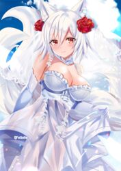  animal_ears artist_name blush breasts bride cleavage commentary_request commission dress elbow_gloves felielle female flower fox_ears fox_tail gloves hair_flower hair_ornament highres large_breasts looking_at_viewer original red_eyes red_flower red_rose rose short_hair smile solo tail twitter_username wedding_dress white_dress white_gloves white_hair 